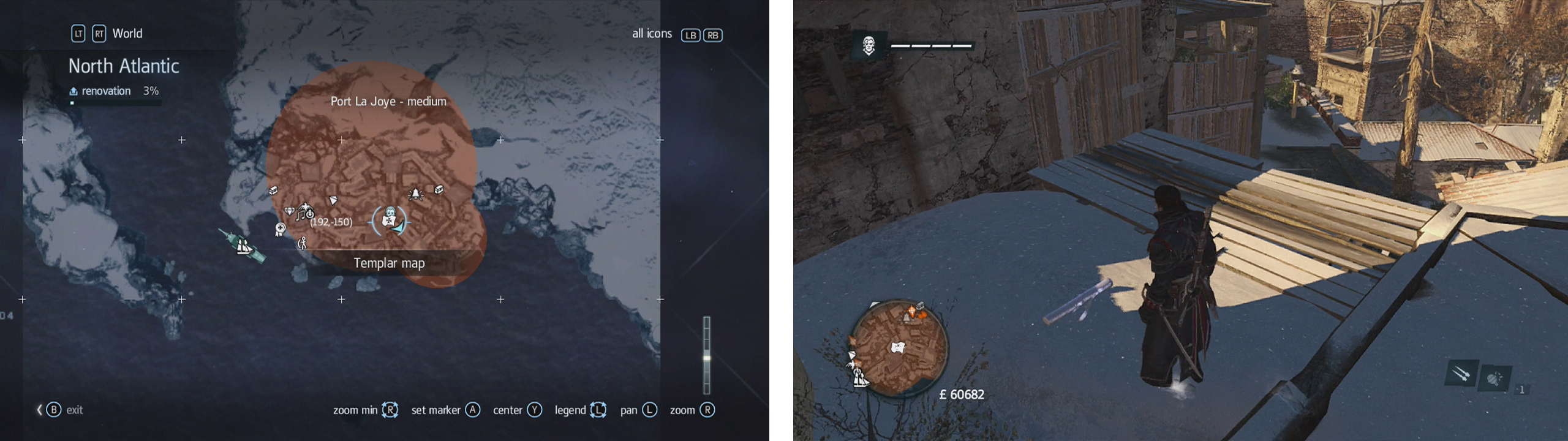 The map icon on the mini-map indicate a templar chart (left). They appear in-game as a rolled up map (right).