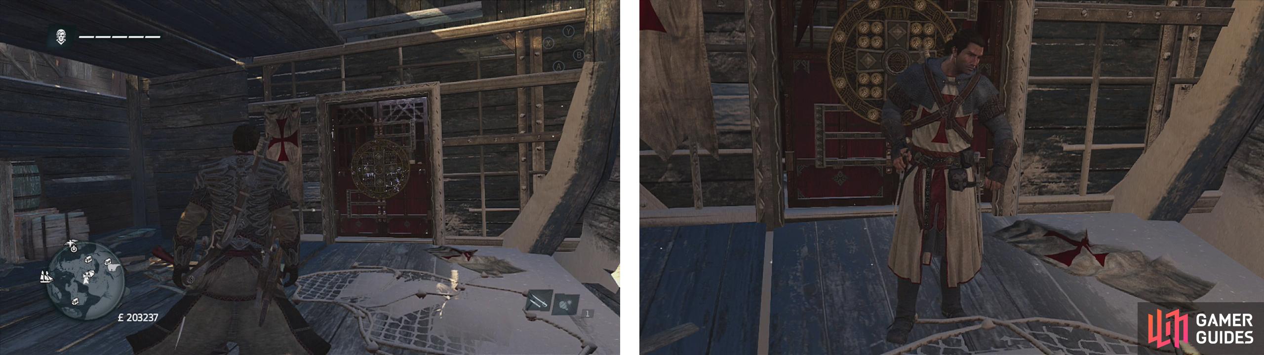 Once you have all of the relics, visit The Templar door at The Sapphire (left) for the Templar armour set (right).