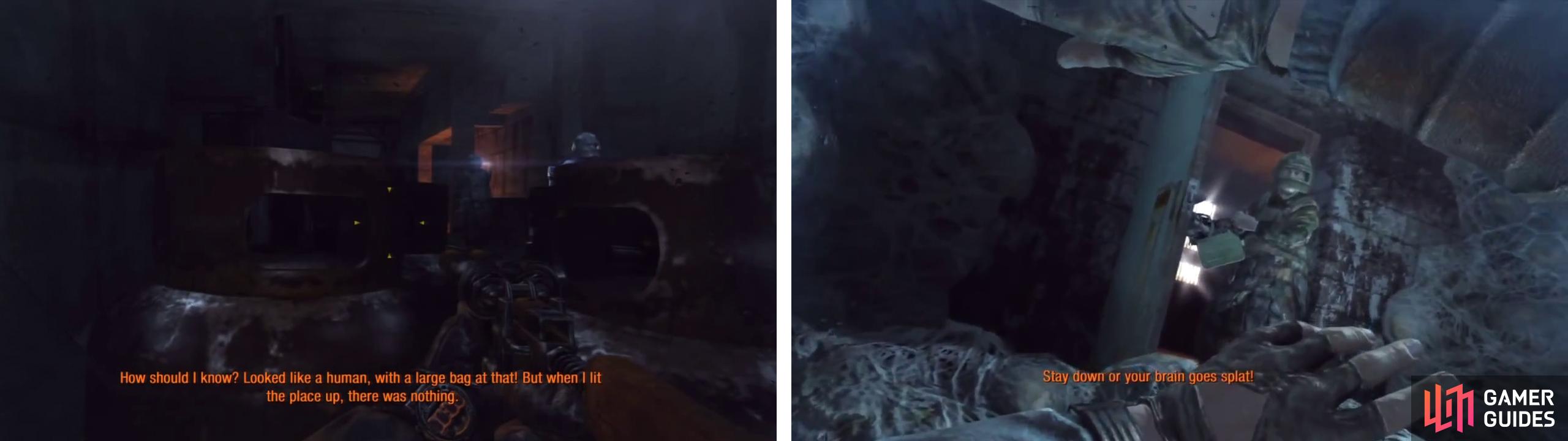 Wait for the patrol to walk past and then enter the now opened tunnel (left). Continue through the vent until you encounter a scene to end the level.