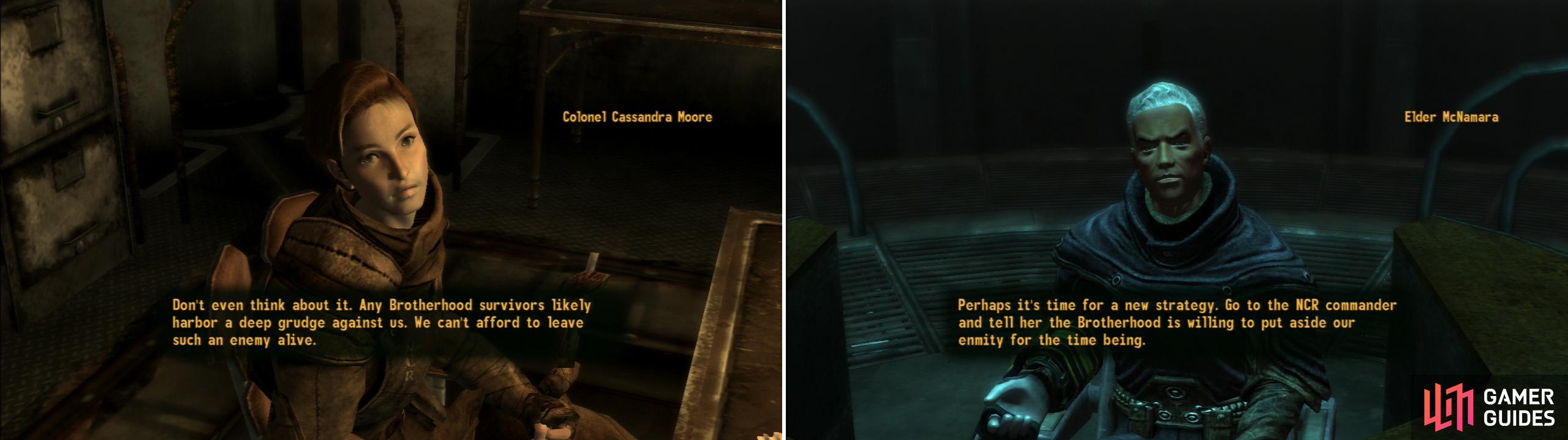 Colonel Cassandra Moore will pooh-pooh the idea of an NCR/Brotherhood alliance (left), but if you kept Elder McNamara in charge, such an outcome is easy enough to put into effect (right).