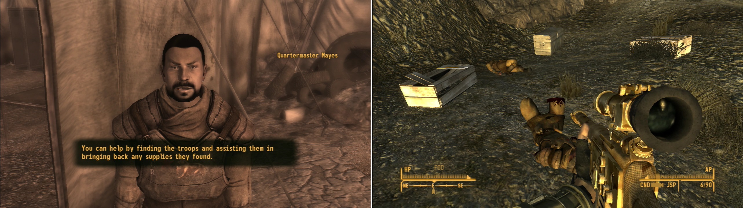 Talk to Quartermaster Mayes to learn about a wayward shipment of supplies that Camp Forlorn Hope desperately needs (left). After visiting HELIOS One, find the supplies - and the missing patrol - in the Mojave, victims of a Legion raid (right).