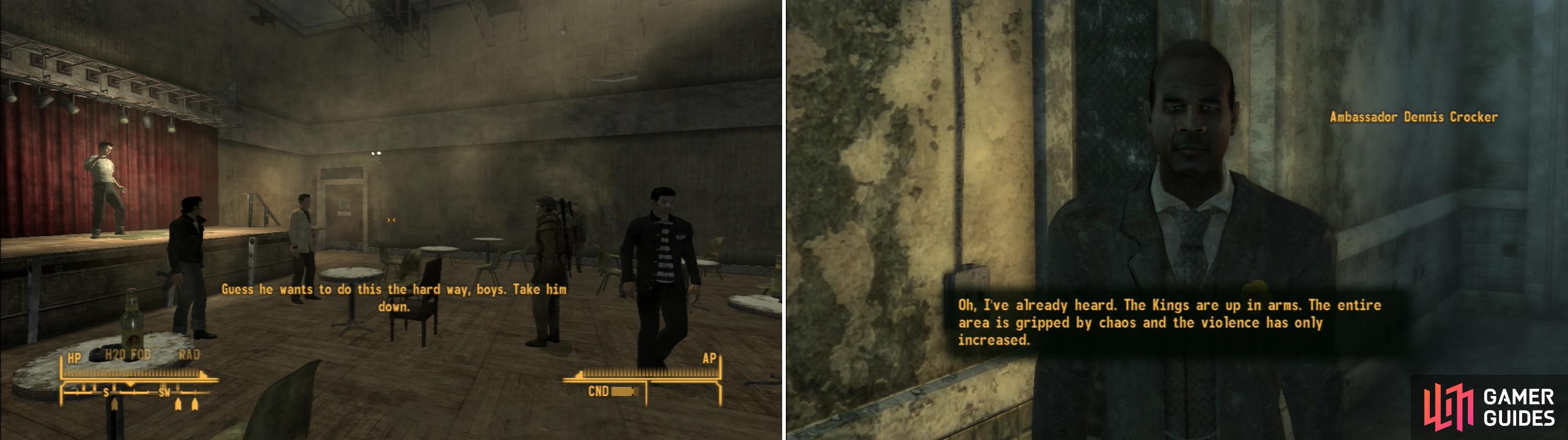 If you bring NCR Troopers into Freeside, violence is inevitable (left). If you botch the situation with The Kings, Ambassador Crocker will not be pleased (right).