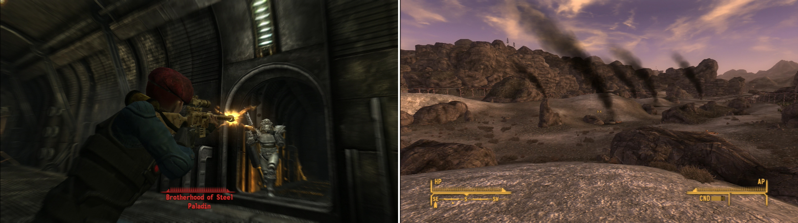 If you can’t be bothered to activate the self destruct mechanism (why waste a perfectly good bunker?) you can just murder all the Brotherhood of Steel members (left). The black plumes signal the destruction of the Hidden Valley bunker (right).