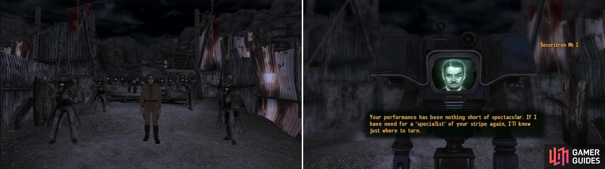 General Oliver’s tiresome speech is cut short by the arrival of Mr. House’s Securitron army (left). After either using some careful diplomacy or a few bullets to get rid of the NCR, Mr. House will congratulate you on your victory (right).