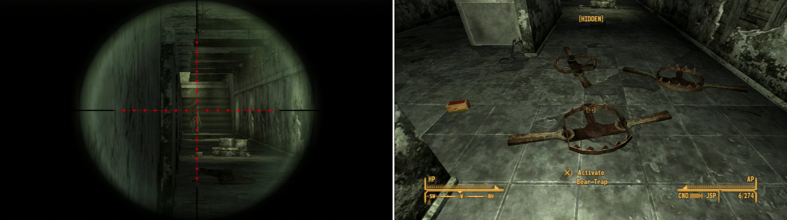 Snipe or be sniped; one of the Veteran Rangers on this level has an Anti-Material Rifle, and they’re not afraid to stay on the other side of the room, behind their traps, and use it (left). Once the two Rangers are dead, disarm their myriad traps to make it through this room (right).