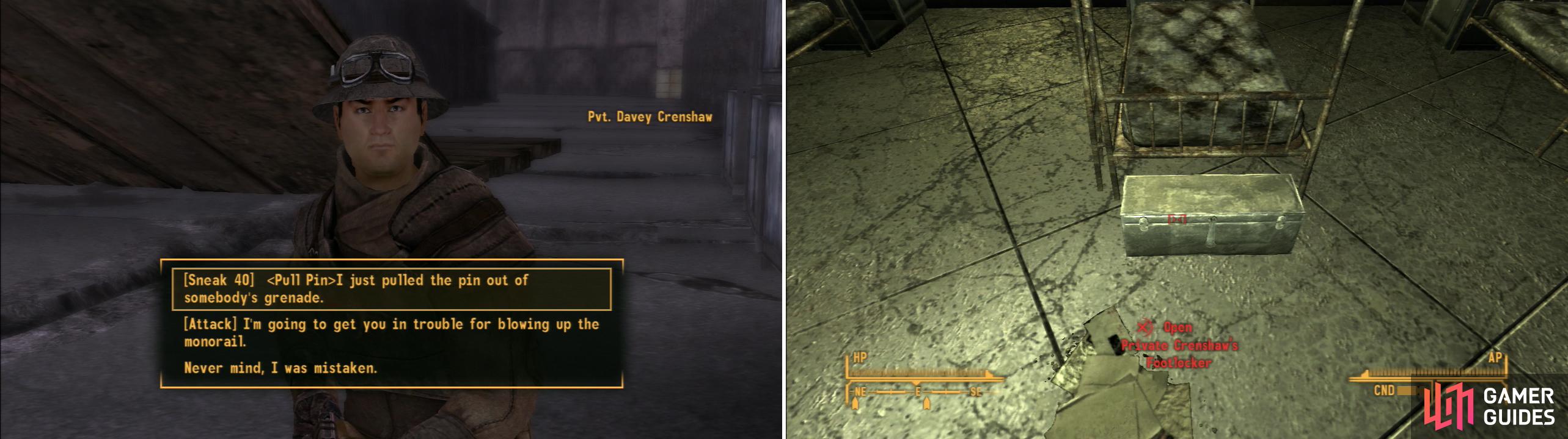 You can outright kill Private Crenshaw, if you’re quiet, but it’s more fun to play a little prank on him, instead (left). Once Private Crenshaw is out of the way, plant the evidence from the Garbage Can in his Footlocker to frame him (right).
