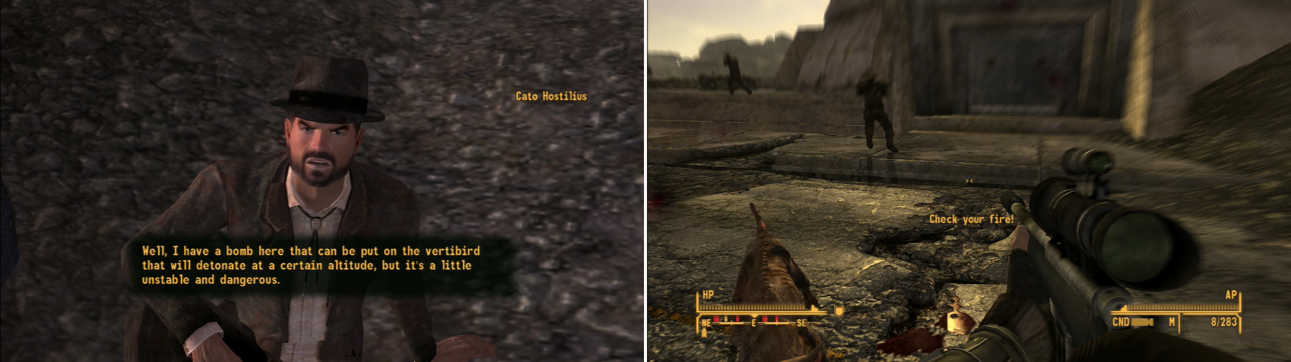 Prove that you’re not incompetent with Explosives and Cato Hostilius will give you a bomb you can plant on the President’s vertibird (left). Whatever you do, stay away from NCR Rangers patrolling around the Hoover Dam (right). Normal NCR Troopers may not see through your disguise, by Rangers will.
