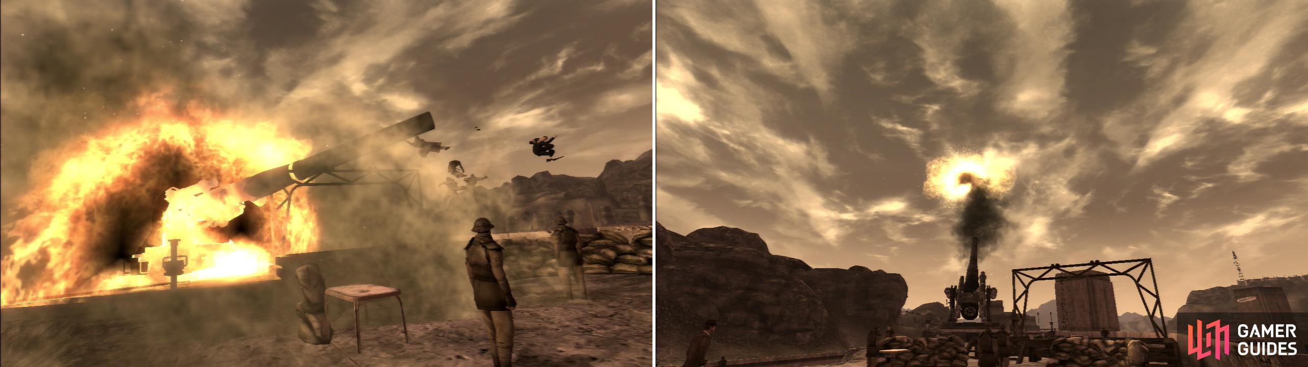 Sabotage the anti-aircraft gun to rig it to explode during the President’s speech (see him flying through the air on the right side of the left photo? That’s one dead bear!) (left). You can also activate the gun, which will cause it to shoot down the President’s vertibird (right).
