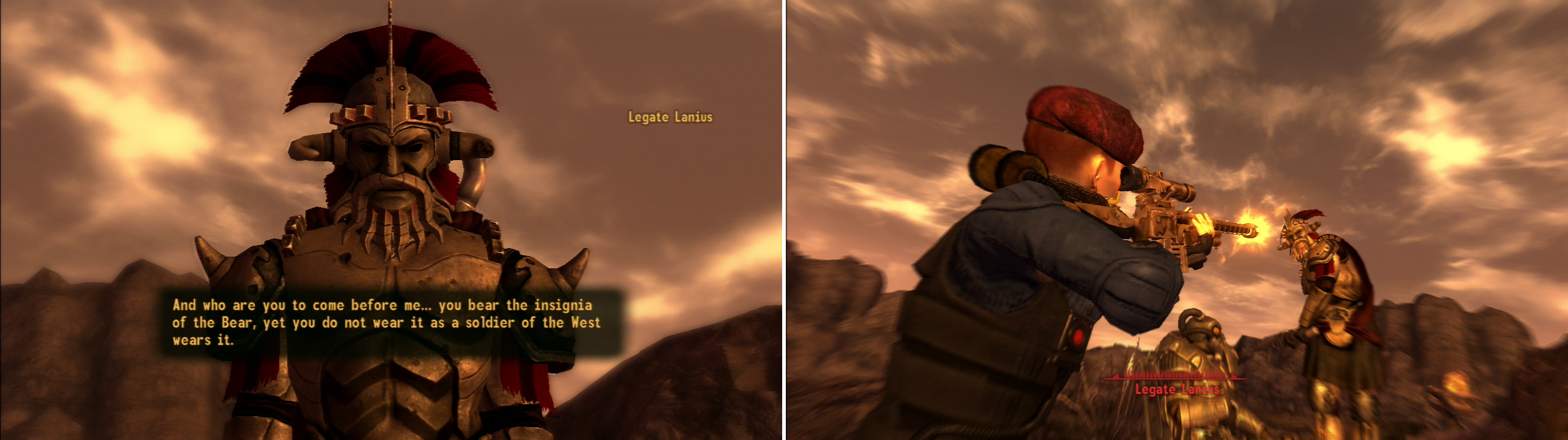 Confront the Legate Lanius in his camp and either convince him to withdraw (left) or defeat him in combat (right). Once he falls, the Mojave has been won for the NCR.