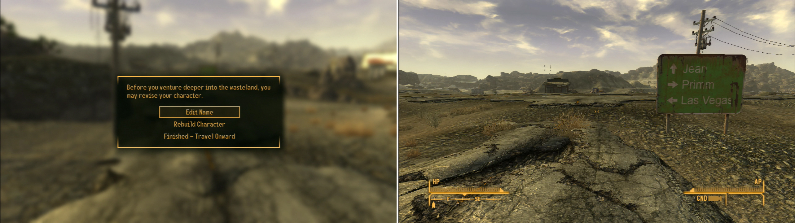 As you’re about to leave Goodsprings, you’ll get one final chance to modify your character (left). Once done, follow the road out of Goodsprings to reach the highway (right).