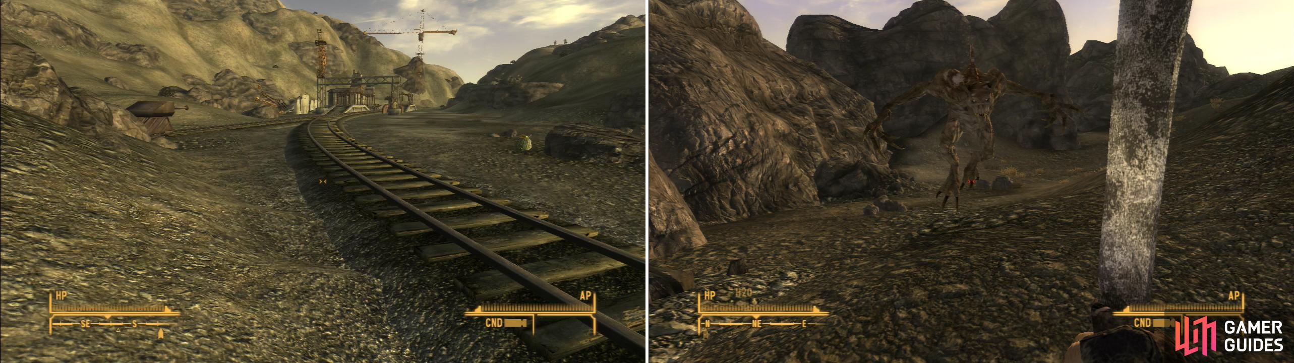 Follow the train tracks to - and past - the Emergency Service Railyard (left). Avoid Primm Pass, however, as it’s guarded by a vicious Blind Deathclaw (right).