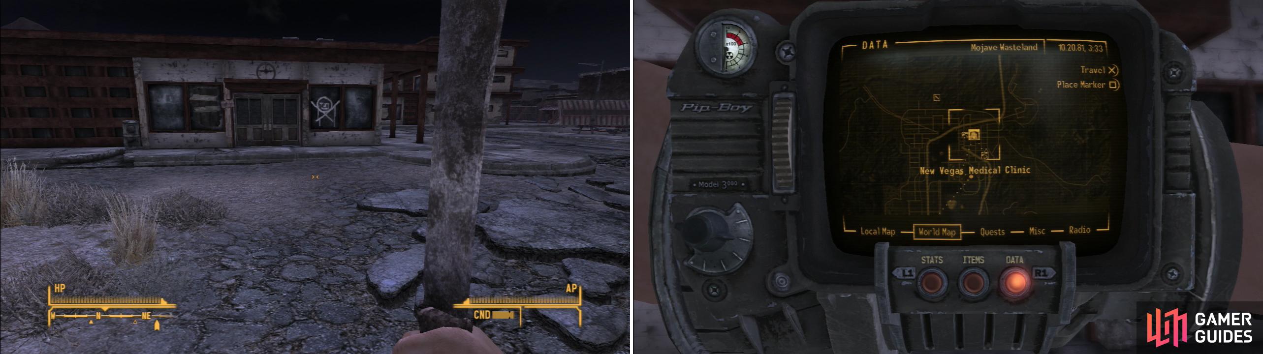 Pass through the New Vegas outskirts to finally reach your destination; the New Vegas Medical Clinic (left). Note its location on the Pip-Boy World Map (right).