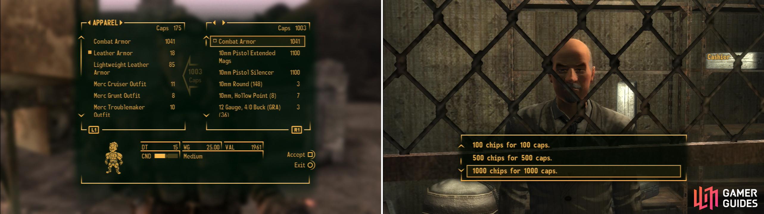 Sell a suit of Combat Armor at The 188 Trading Post (left) which will provide you with the initial Caps you’ll need to fund your gambling (right).