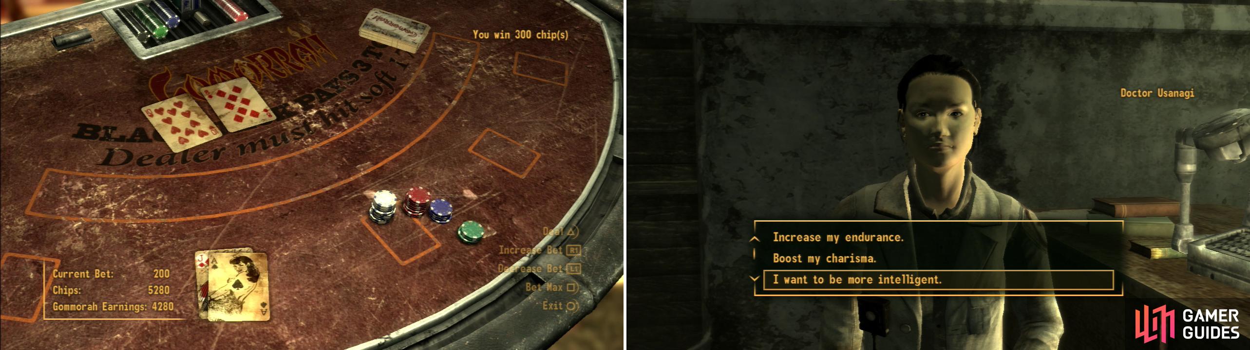 Repeat the process you used to win money at the Atomic Wrangler in Gomorrah and the Ultra-Luxe (left), then spend your winnings buying valuable implant at the New Vegas Medical Clinic (right).