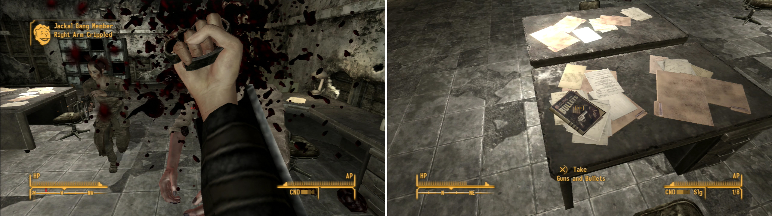 Defeat the Jackal Gangers in and around the Nevada Highway Patrol Station (left) and grab the copy of Guns and Bullets on a desk inside the station (right).