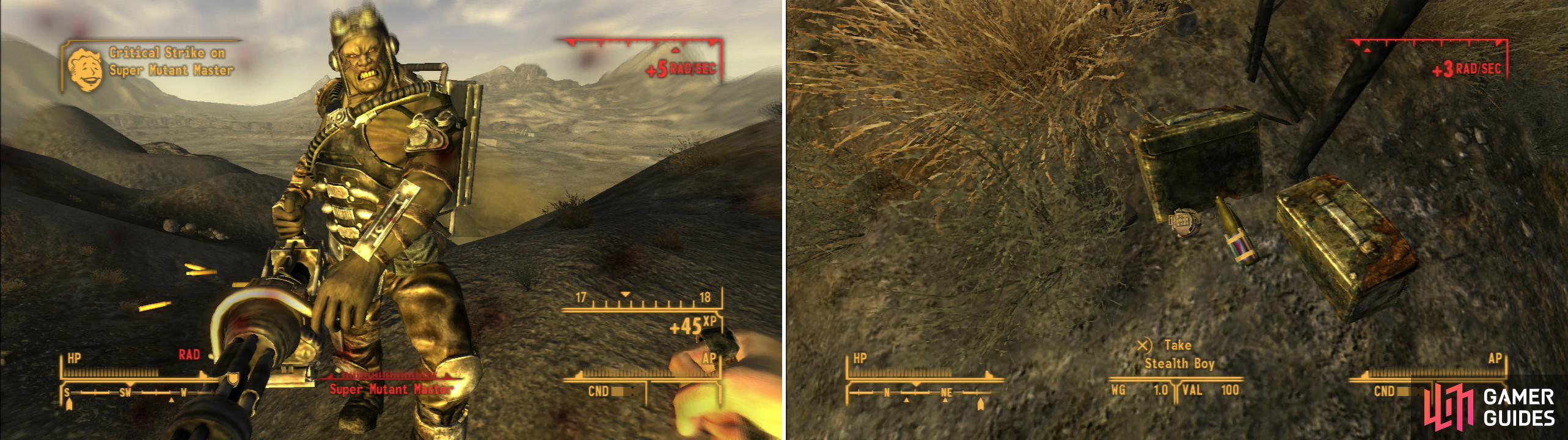 Jack Rabbit Springs is not for the faint of heart, as it is heavily irradiated and occupied by Centaurs and a well-armed Super Mutant (left). The loot you can find here almost makes it worth the trouble (right).