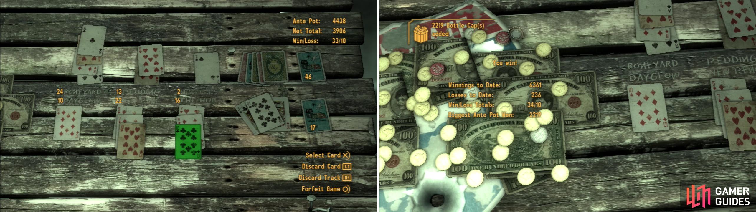 Win a game of Caravan against Lacey in the Mojave Outpost Barracks (left) to obtain an absurd amount of Caps (right).