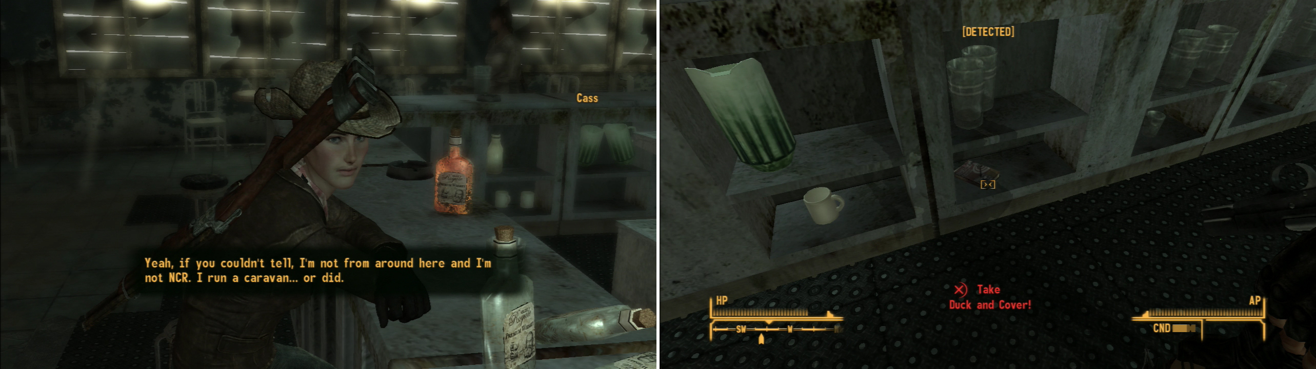 You can find Cass drinking away her troubles in the Mojave Outpost Barracks (left). More interestingly, however, is an issue of Duck and Cover! in a shelf under the bar (right).