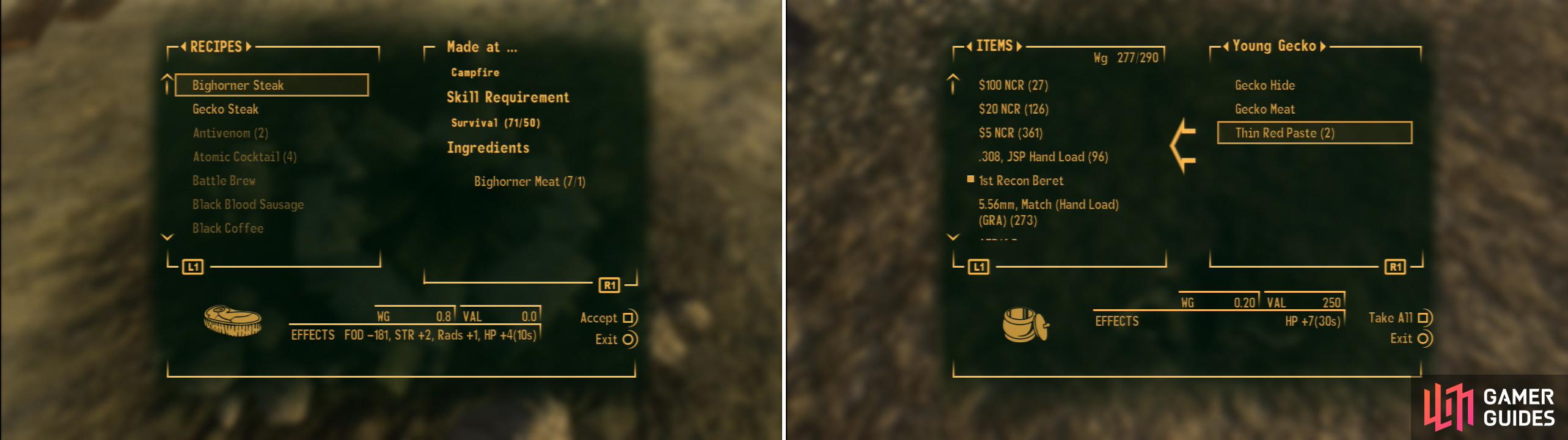 FOD can be obtained from various sources, chiefly by killing tasty critters in the Wasteland. Just remember, food isn’t nearly as beneficial unless it’s been cooked (left). Once you hit level 20 you can pick the Them’s Good Eatin’ perk to get exceptional healing items from creatures you kill (right).