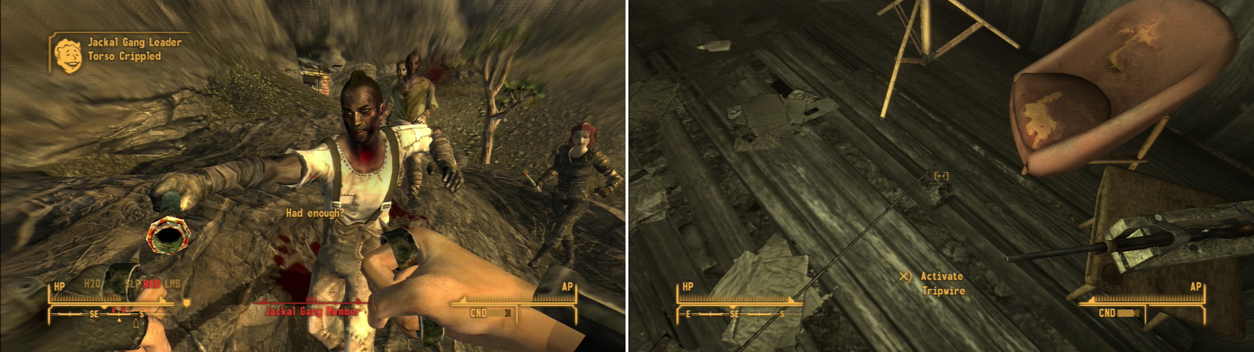 Fight the Jackal Gangers outside of Bradley’s Shack (left) then navigate your way through the traps inside (right).