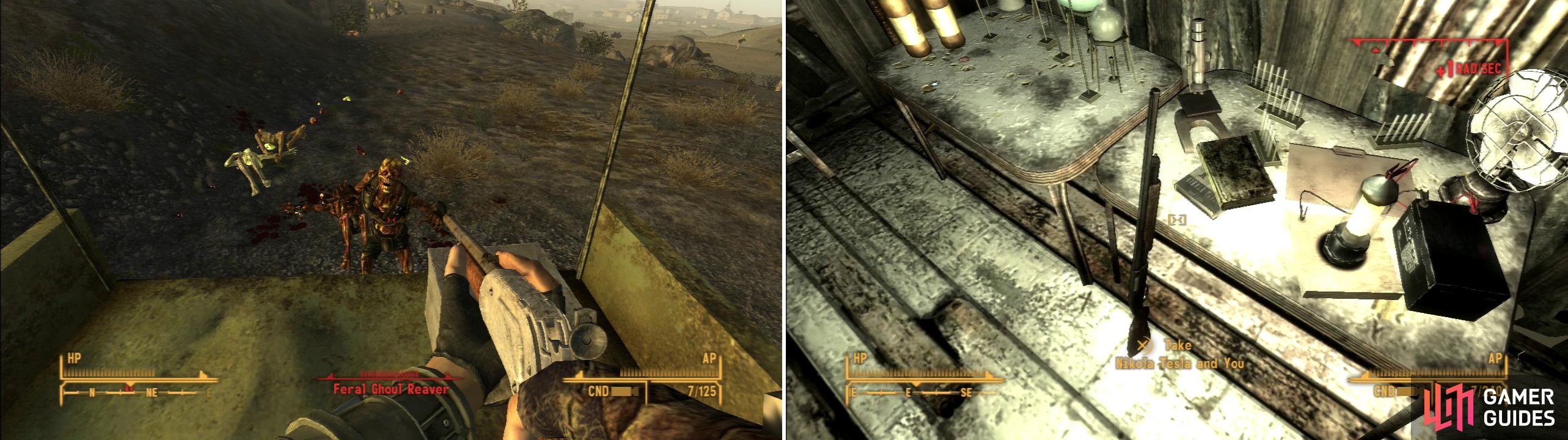 You can safely (cheaply) fight the Ghouls near the Old Nuclear Test Site by firing from the back of a truck (left). Inside a shack you can find some nice loot, including a copy of Nikola Tesla and You (right).