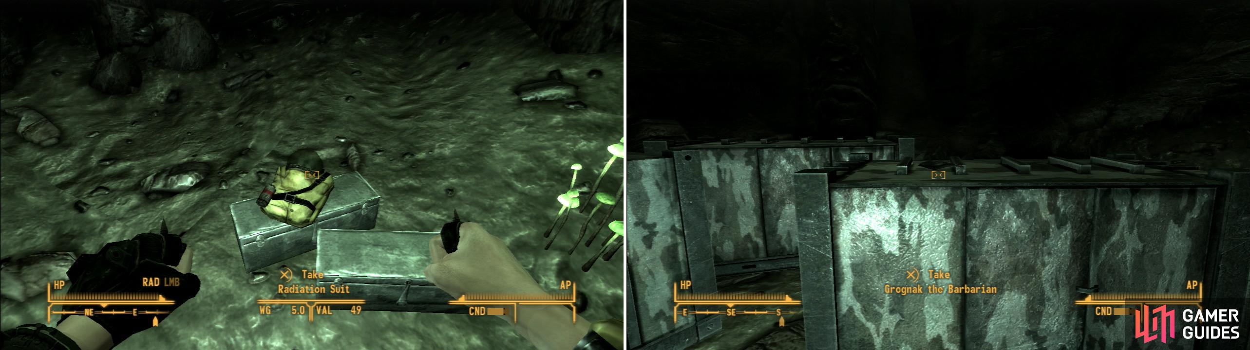 You’ll find the radition suits you need in the Hidden Supply Cave (left) as well as a copy of Grognak the Barbarian on a crate (right).