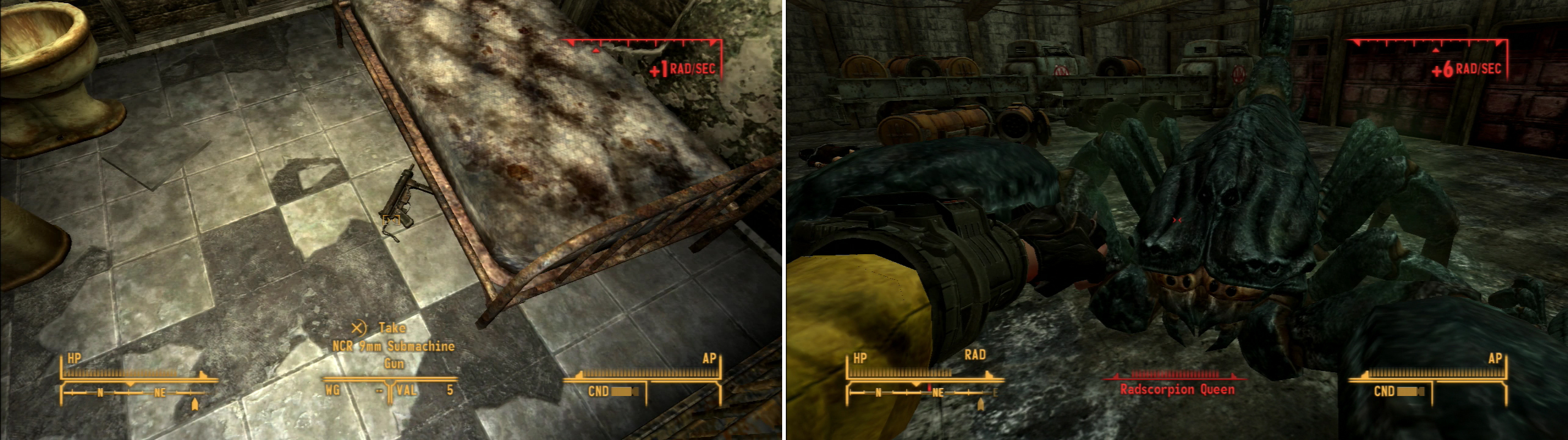 Pick up salvagable NCR equipment (left) but be wary; the radiation is attractive to some creatures, like this massive Radscorpion Queen (right).