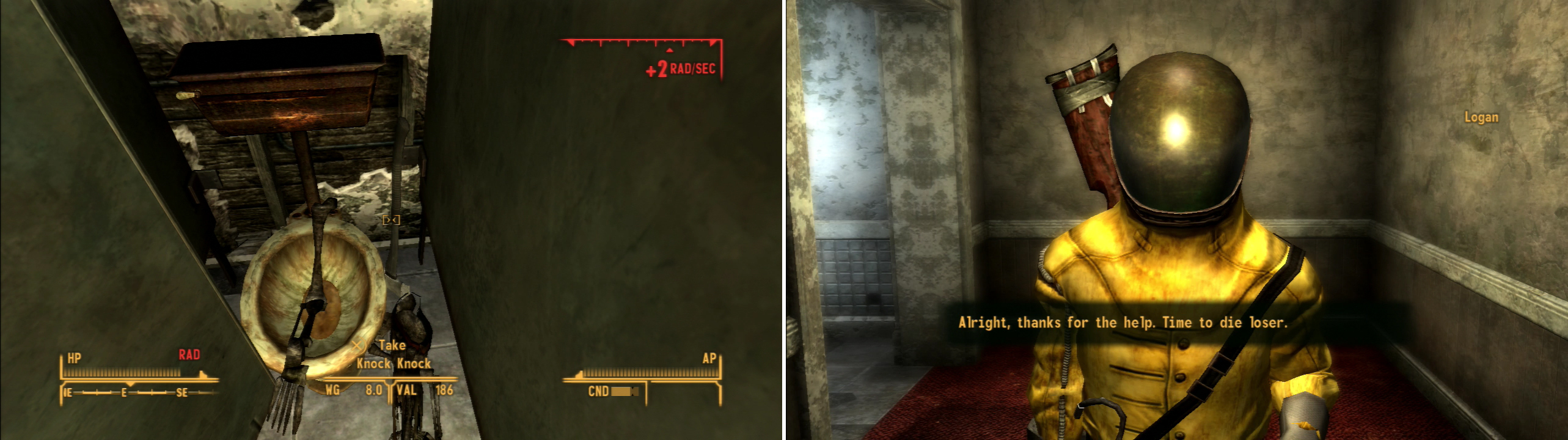 In the firehouse, you can obtain the unique weapon Knock-Knock (left). After you collect all the NCR salvage, Logan will turn on you (right).