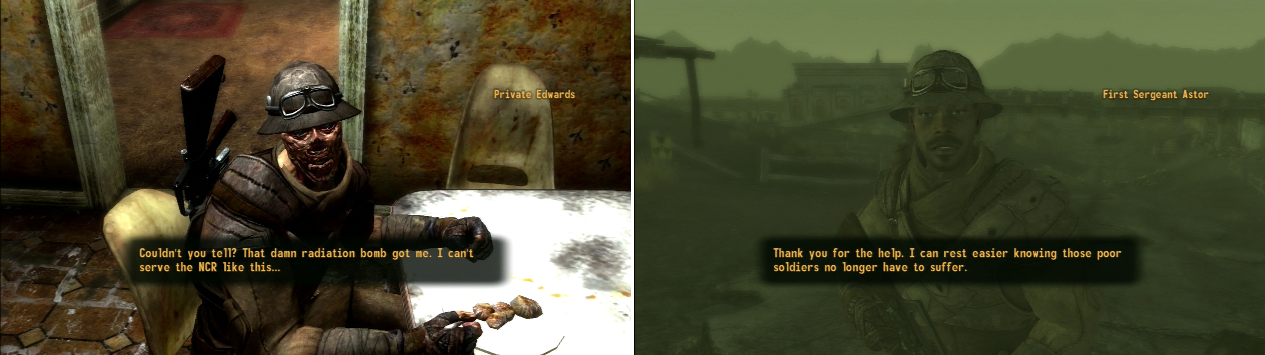Poor Private Edwards survived the radiation bomb with his life and his sanity, but he’ll never be human again (left). After you’ve recovered the NCR Dogtags, return to Sergeant Astor for a reward (right).