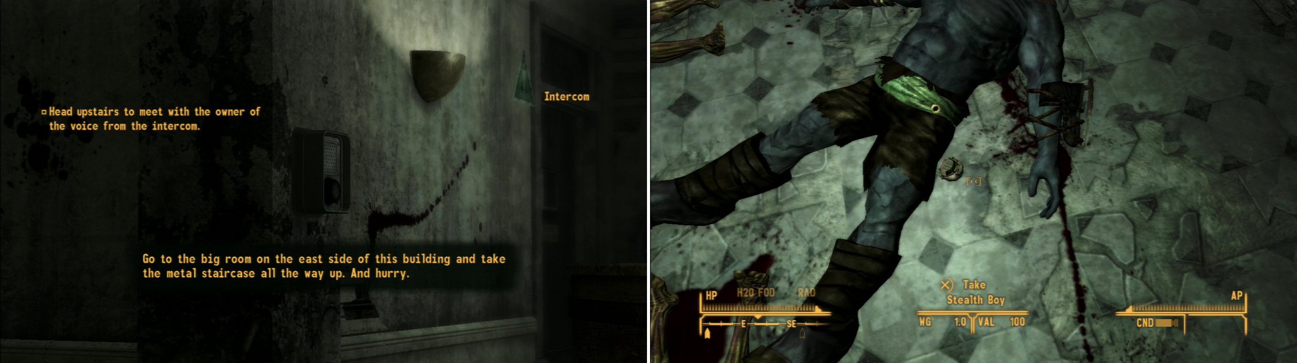 A voice over the intercom will direct you to come upstairs (left). A dead Nightkin - and its Stealth Boy - foreshadows the troubles at the REPCONN Test Site (right).