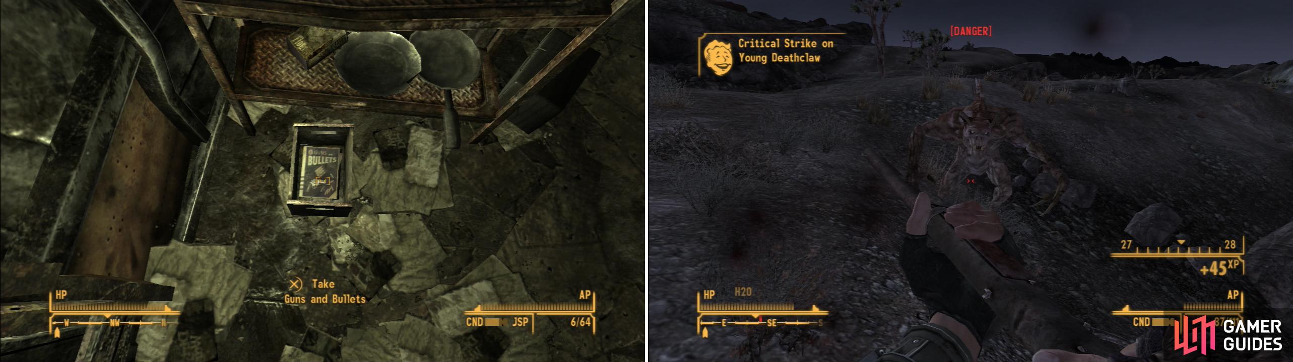 Grab the copy of Guns and Bullets from Raul’s Shack (left) but beware, as Deathclaws lurk to the east (right).