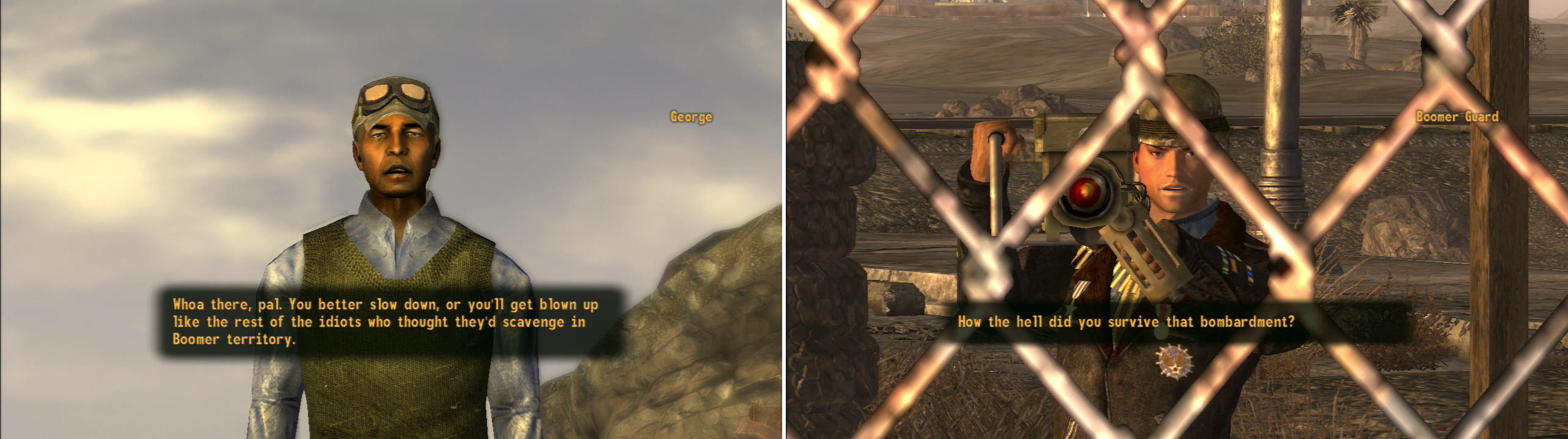 George will warn you of the dangers Boomers present to those who draw near.. and he’ll try to profit from your foolishness (left). If you make it past the artillery fire, you’ll be granted access to Nellis AFB (right).