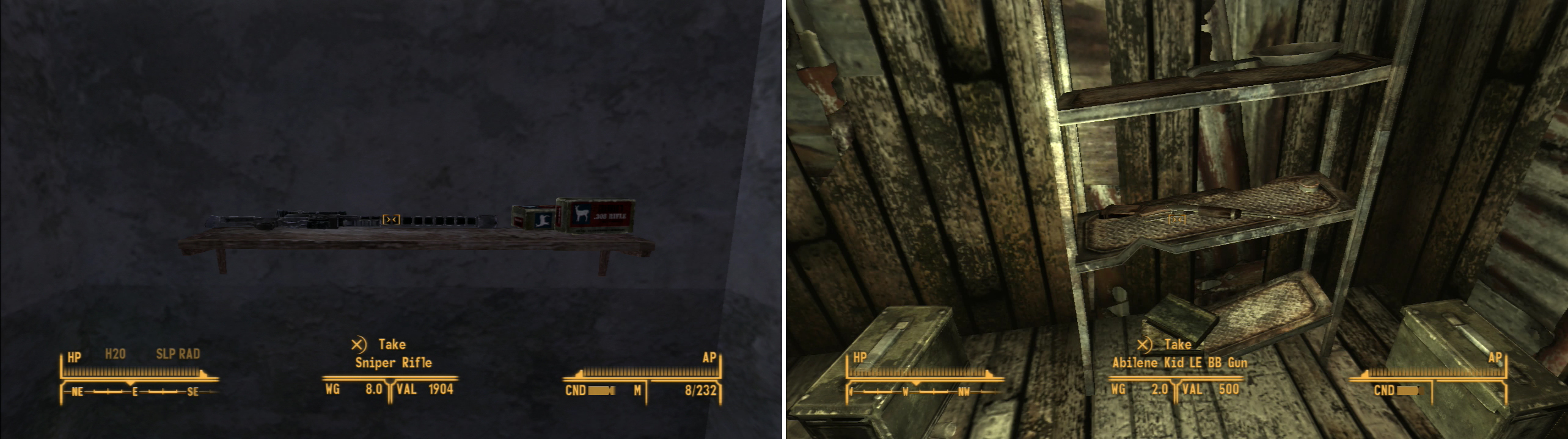 In a trapped house near the New Vegas Medical Center you can find some nice loot, including a Sniper Rifle (left). In Field’s Shack you can score the Abilene Kind LE BB Gun (right). Don’t shoot your eye out!