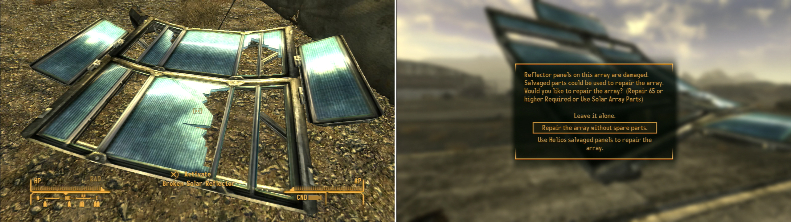To repair the broken solar arrays in Nellis AFB, either salvage some parts from HELIOS One (left) or just put your Repair skill score to good use and go without parts (right).