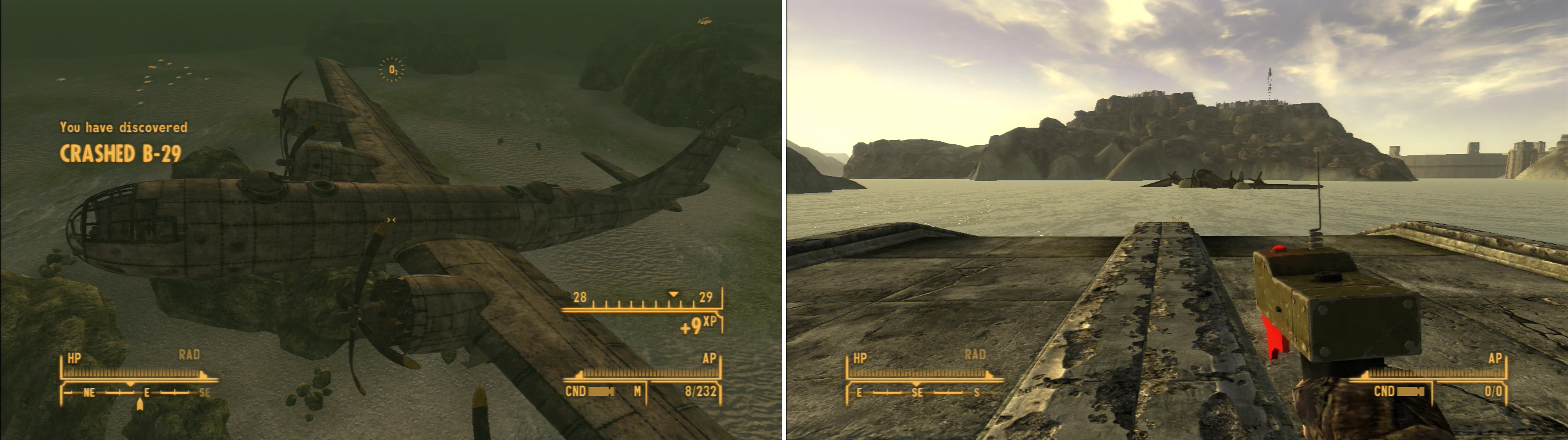 Find the sunken bomber at the bottom of the Lake Mead (left) and bring it back to the surface with Deployable Ballasts (right).
