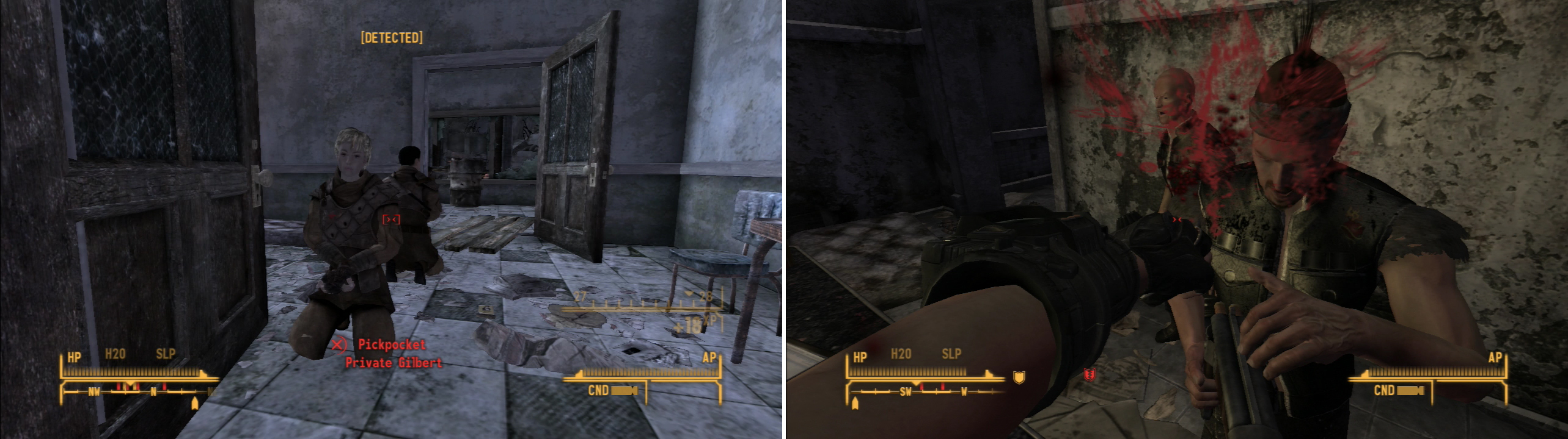 You can sneak into Boulder City and free the NCR hostages (left) or go in guns blazing (figuratively) and kill the Great Khans (right).