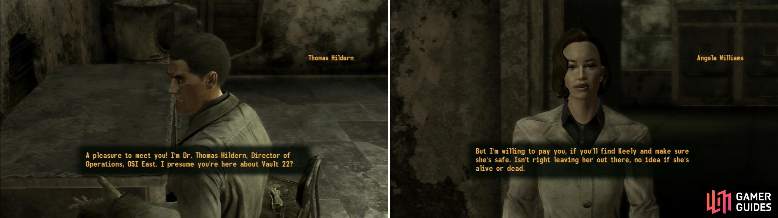 Visit Thomas Hildern at Camp McCarran and give him the Crimson Caravan invoice (left), and hear how his request to investigate Vault 22. After your conversation with Hildern, his assisstant Angela Williams will warn you about Hildren’s job (right).