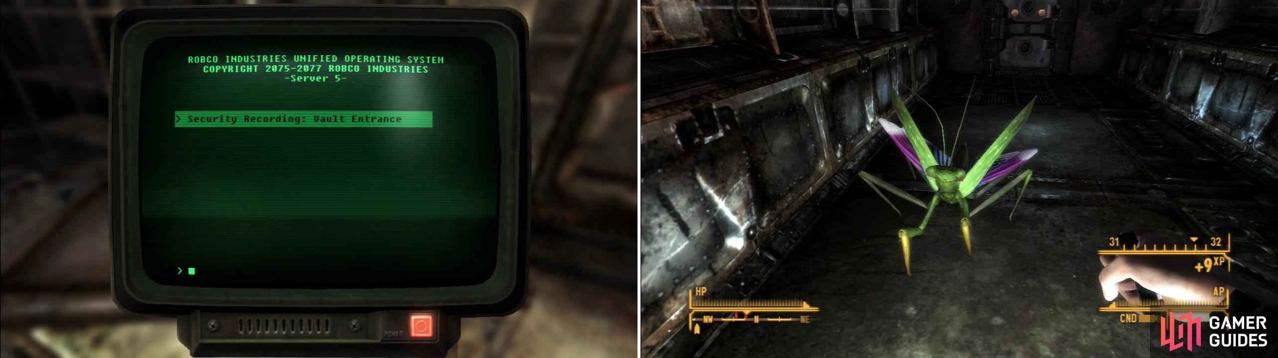 Search near the entrance of Vault 11 to discover an ominous recording (left). Obviously devoid of human life, Vault 11 has become the home of Giant Mantises and Giant Rats (right).