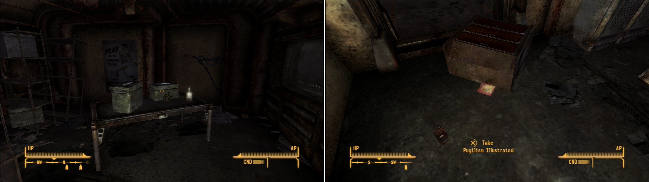 Beyond a locked door you can find a cache of loot, including a Mini Nuke (left). On the floor of one of the living quarters you’ll find a copy of Pugilism Illustrated (right).