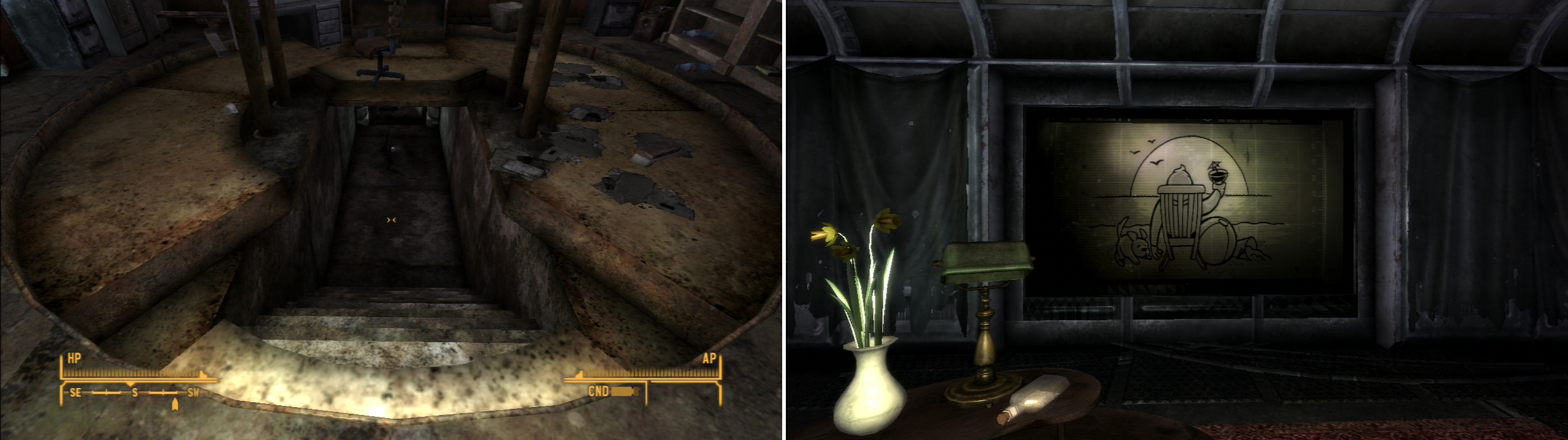 Open the “sacrificial chamber” under the Overseer’s desk (left) then watch the presentation in the room below (right).