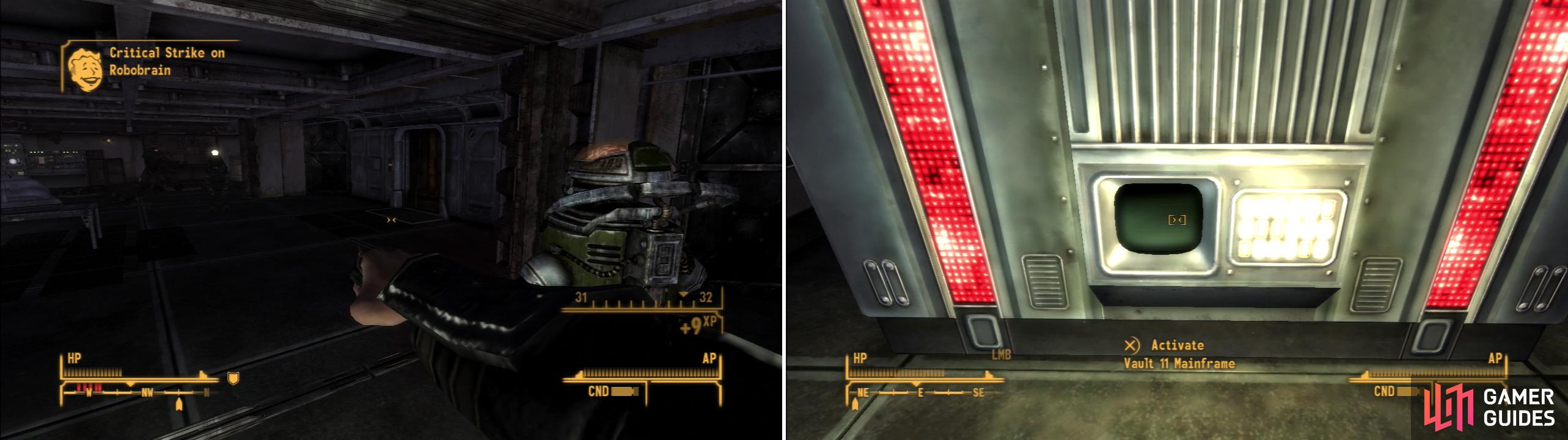 Fight off the robots that ended the life of many an Overseer (left) then hack the Vault 11 Mainframe to find out exactly what happened to the vault and its dwellers (right).