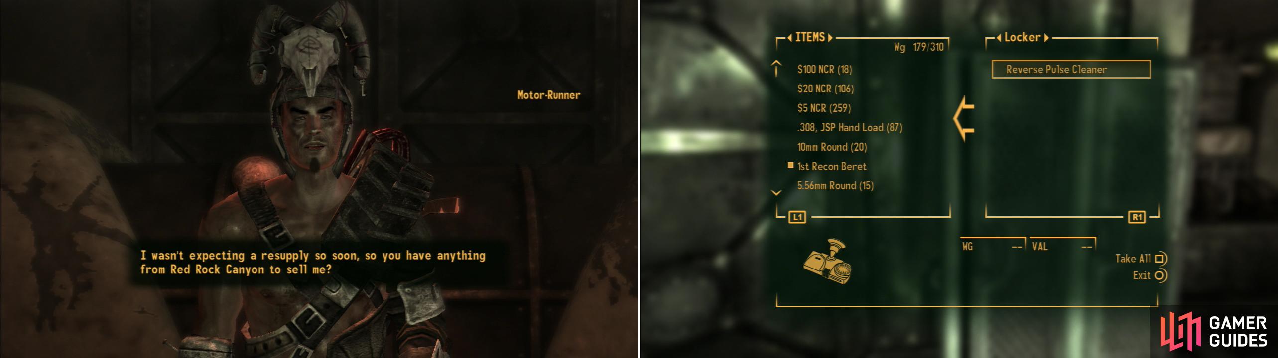 At the bottom of Vault 3 you’ll find Motor-Runner, the leader of the Fiends (left). More importantly, you can obtain the Reverse Pulse Cleaner (right).