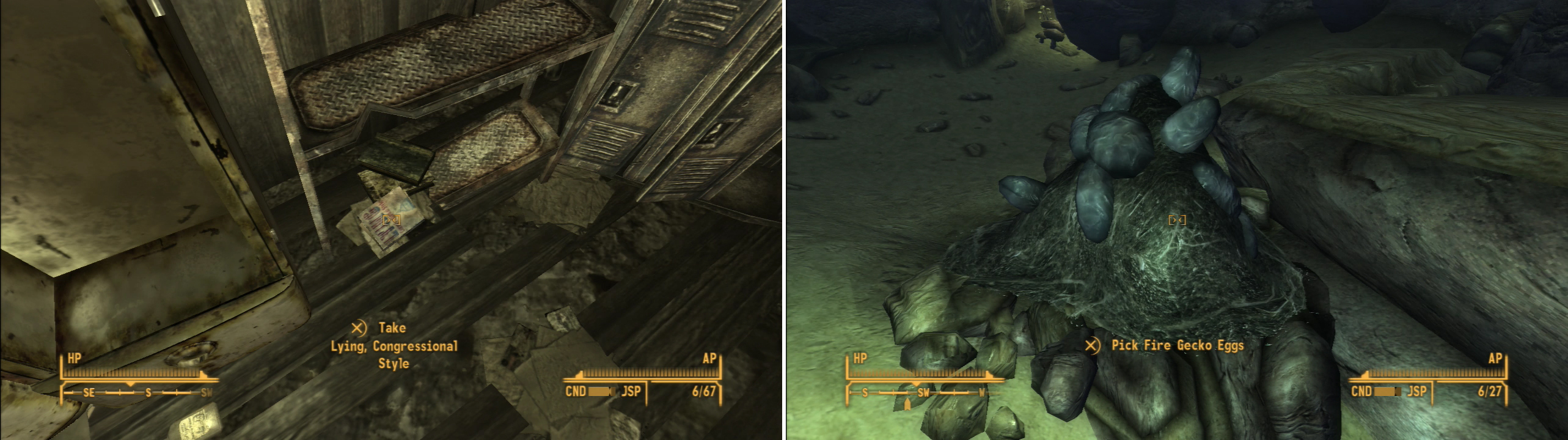 Grab the copy of Lying, Congressional Style from within the Lucky Jim Mine House (left). Within the Fire Gecko-infested Bootjack Cavern you’ll find some Fire Gecko Eggs (right).