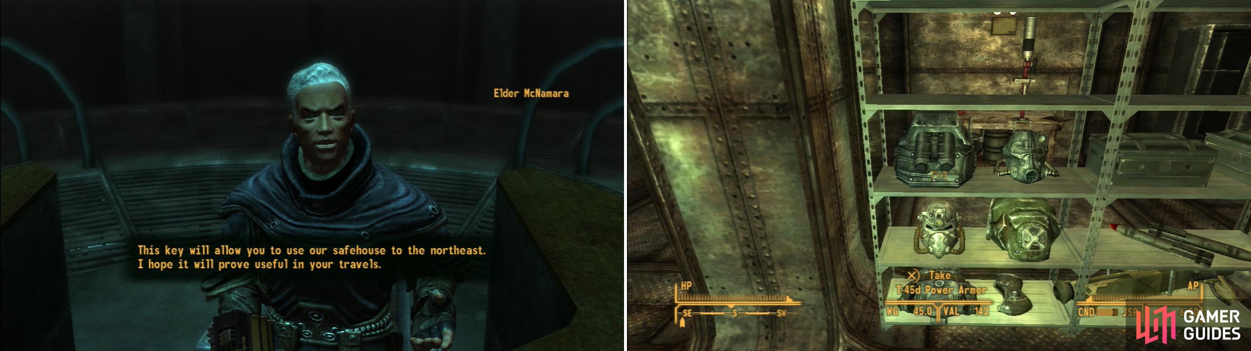 After you join the Brotherhood, talk to the Elder to get the Safehouse Key (left). Inside you’ll find a wealth of Power Armor and heavy weapons (right).