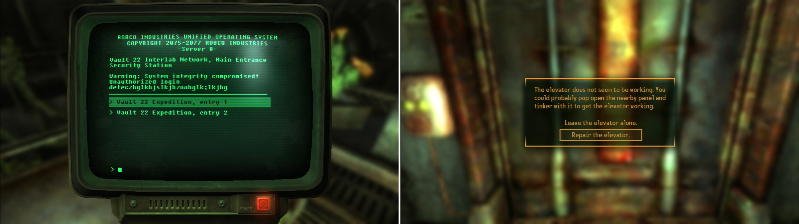 Search various terminals to find some of Keely’s journal entries (left). If you repair the elevator, you’ll save yourself a good bit of time (right).