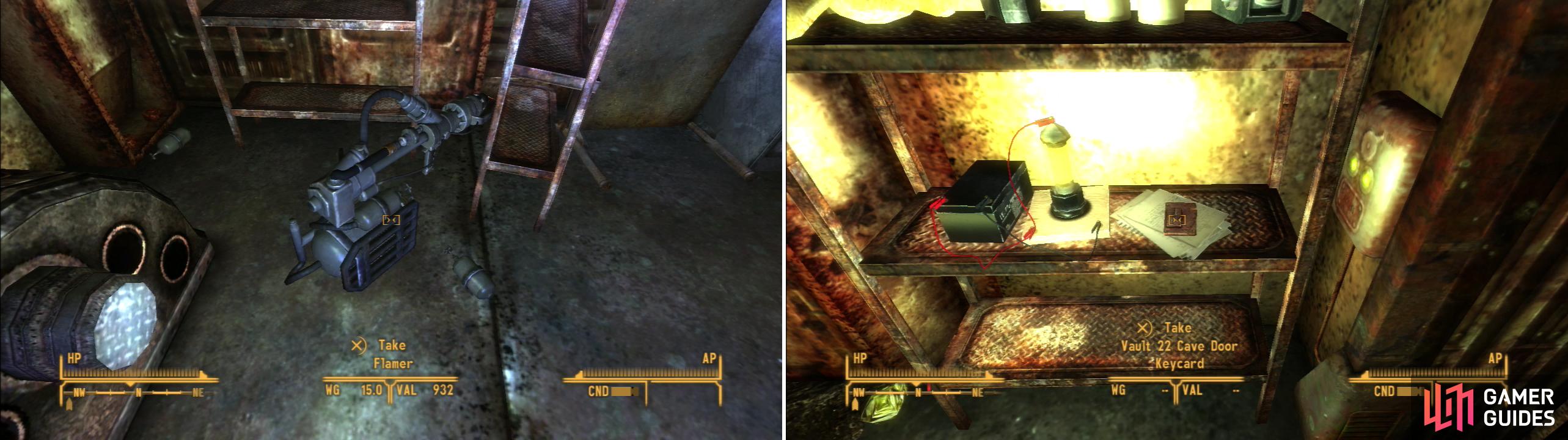 The Flamer you can find may come in handy later… (left). The Vault 22 Cave Door Keycard will open to the door to the caves (right).