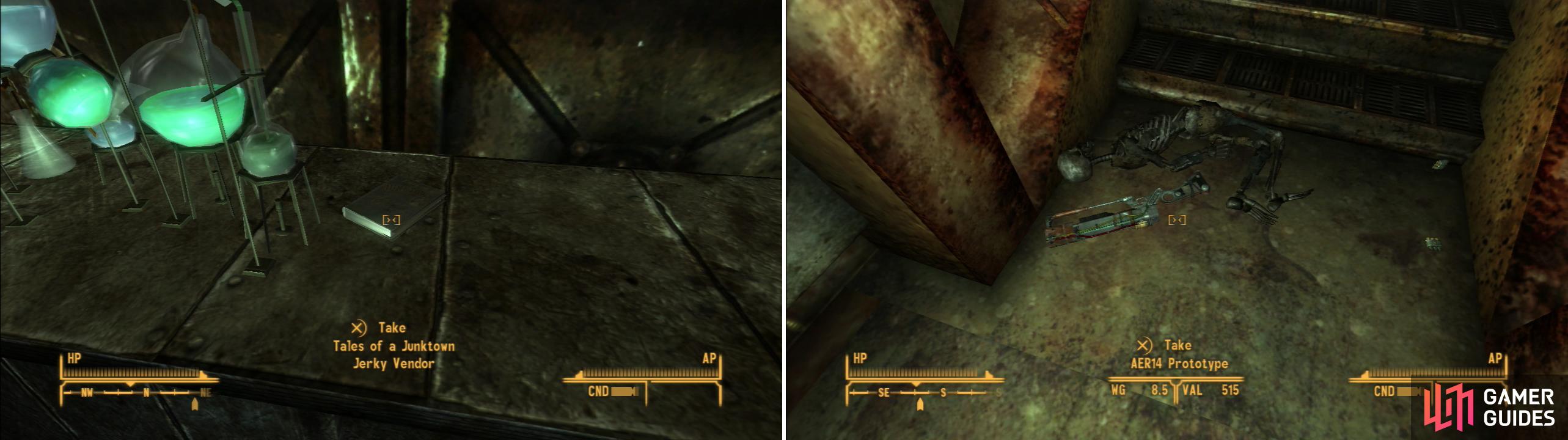 Grab a copy of Tales of a Junktown Jerky Vendor from a counter (left). The unique Laser Rifle - AER14 Prototype - can be found at the foot of an isolated staircase (right).