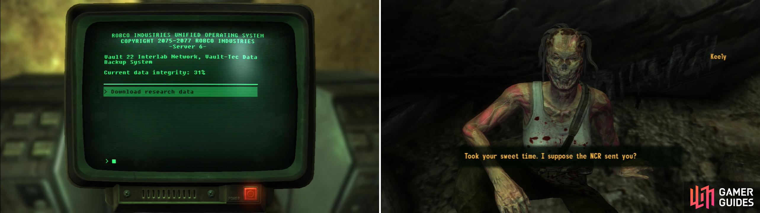 When you find the mainframe, download the data onto your Pip-Boy (left). After you clear a Spore Plant-infested cavern, you’ll find Keely (right).