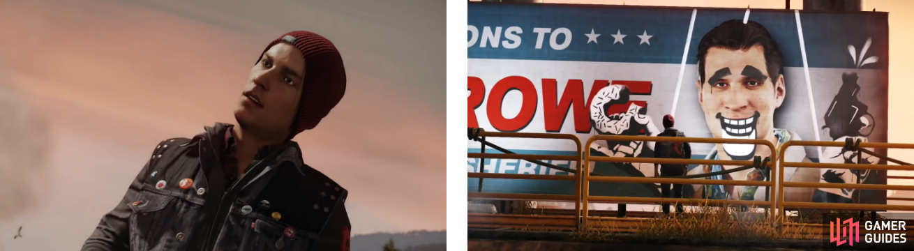 An introduction to Delsin Rowe, the main character (left), and his tagging skills (right).