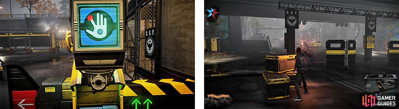 The Scanning Station (left) determines that Delsin is a Conduit, making him having to resort to fighting the DUP (right).